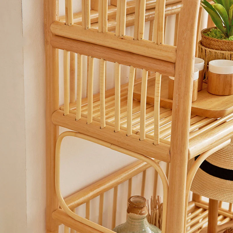 Traditional Japanese Indonesian Rattan Arched Bookshelf 3/4-Tier Shelf For Living Room