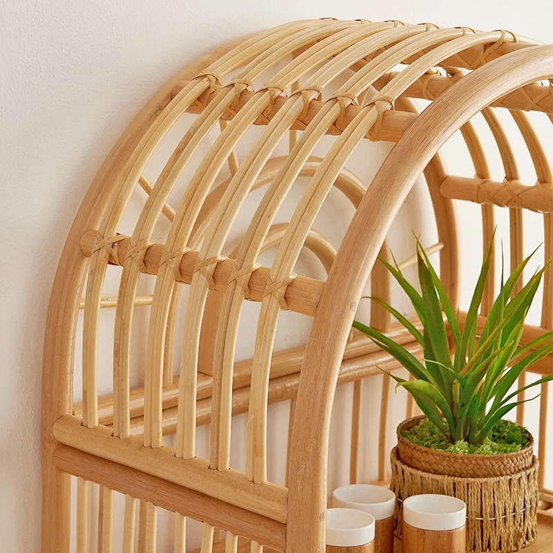 Traditional Japanese Indonesian Rattan Arched Bookshelf 3/4-Tier Shelf For Living Room
