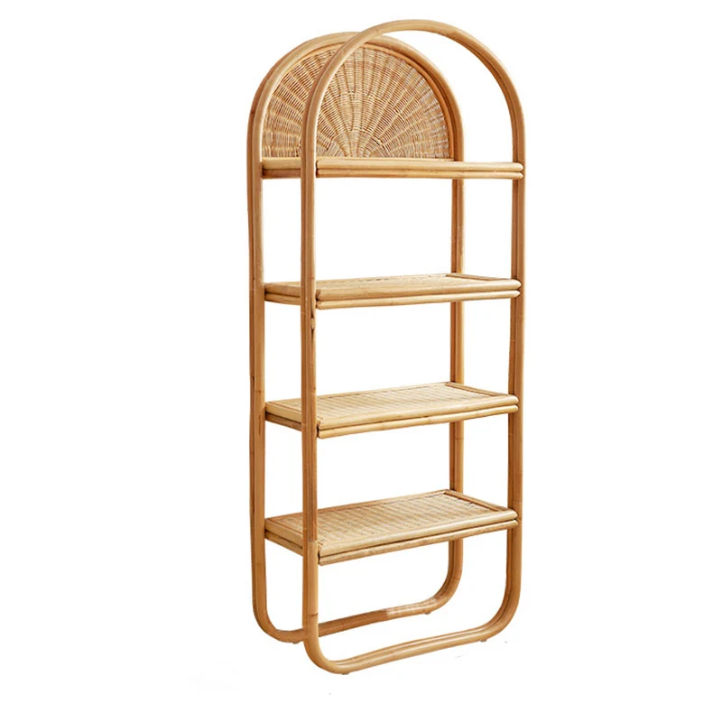 Traditional Japanese Indonesian Rattan Arched Bookshelf 3/4-Tier Shelf For Living Room