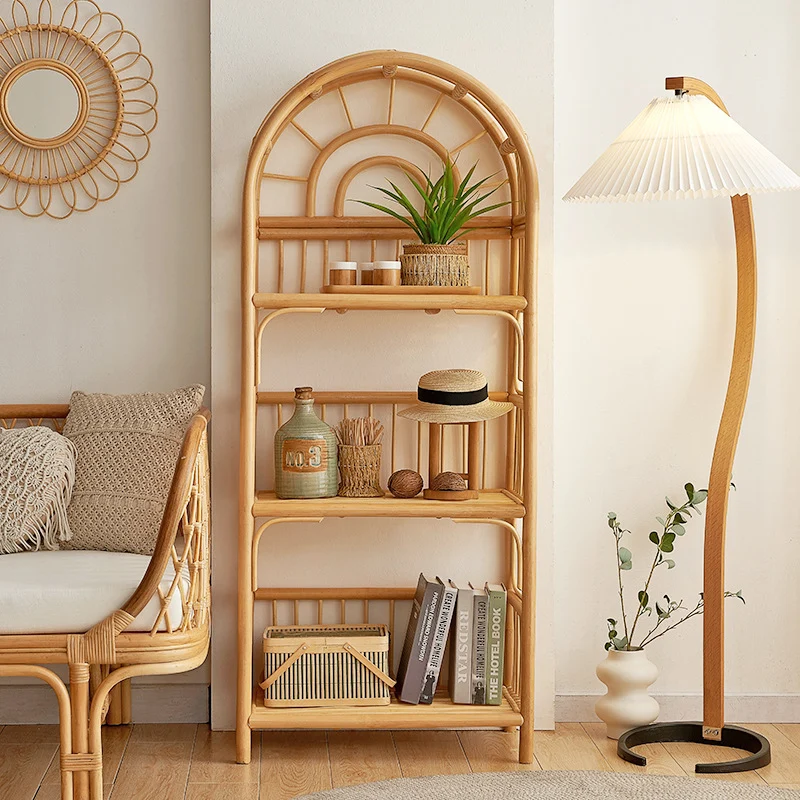 Traditional Japanese Indonesian Rattan Arched Bookshelf 3/4-Tier Shelf For Living Room