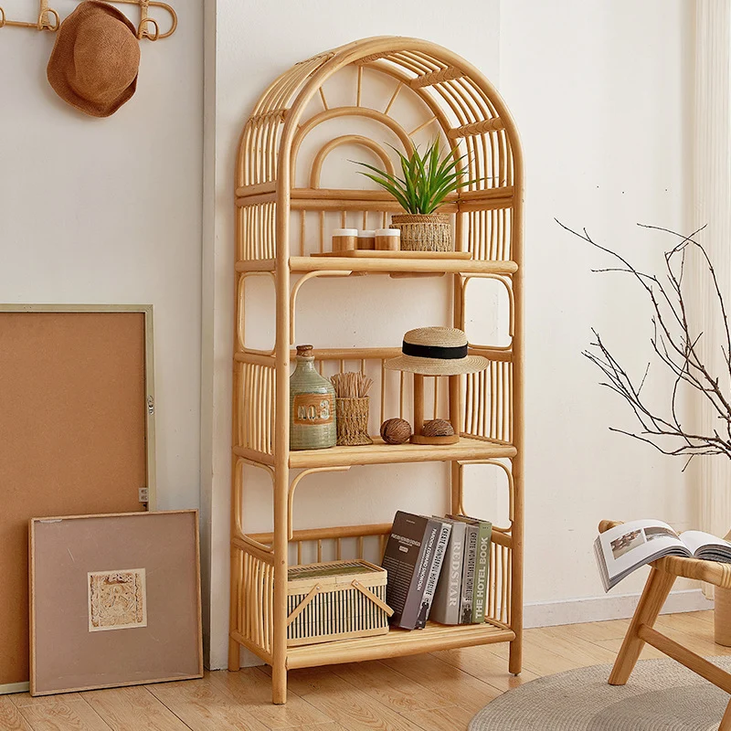 Traditional Japanese Indonesian Rattan Arched Bookshelf 3/4-Tier Shelf For Living Room