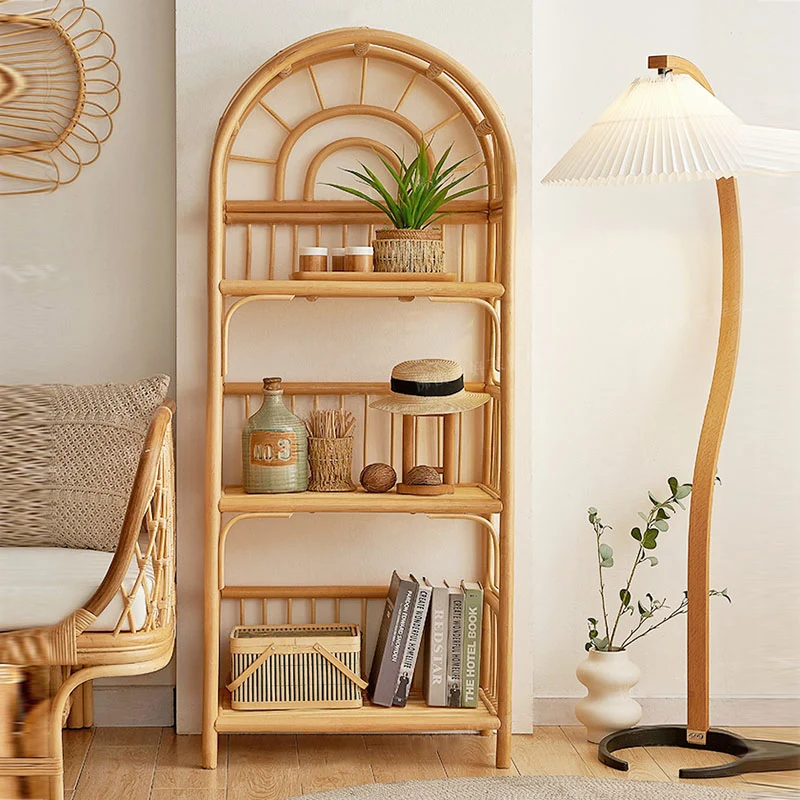Traditional Japanese Indonesian Rattan Arched Bookshelf 3/4-Tier Shelf For Living Room