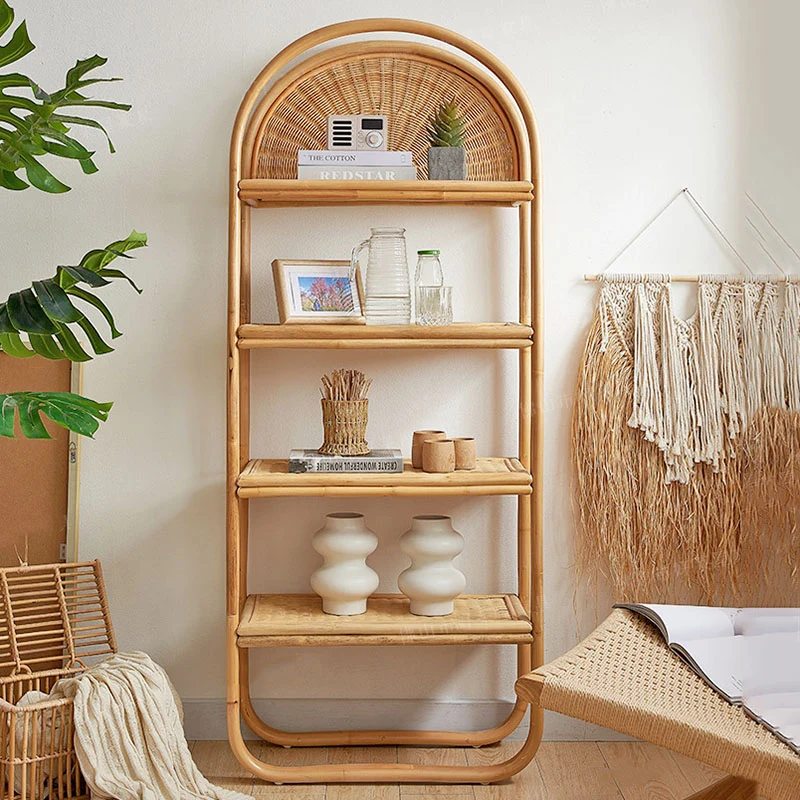 Traditional Japanese Indonesian Rattan Arched Bookshelf 3/4-Tier Shelf For Living Room