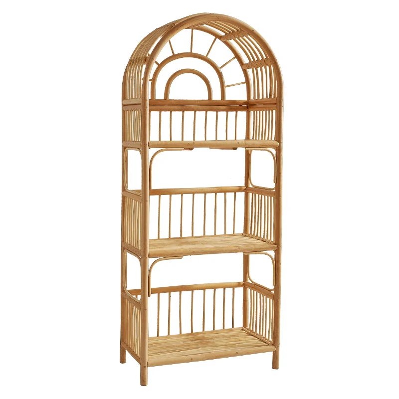 Traditional Japanese Indonesian Rattan Arched Bookshelf 3/4-Tier Shelf For Living Room
