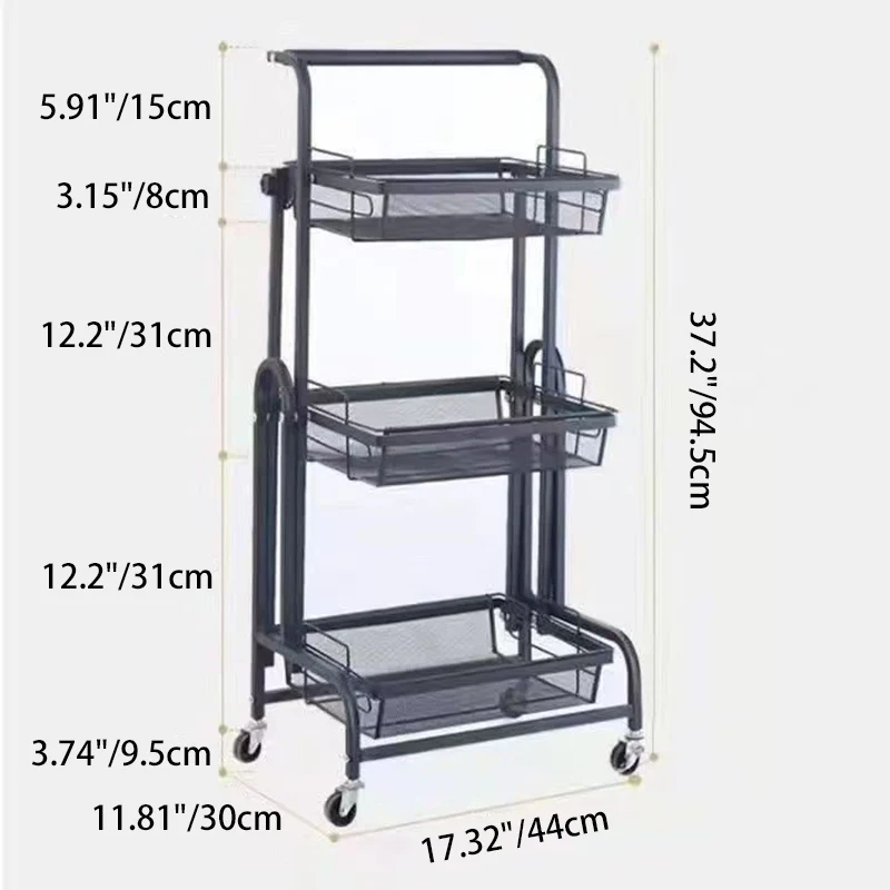 Modern Minimalist Carbon Steel Open Square Rolling Storage Shelf 3-Tier For Living Room
