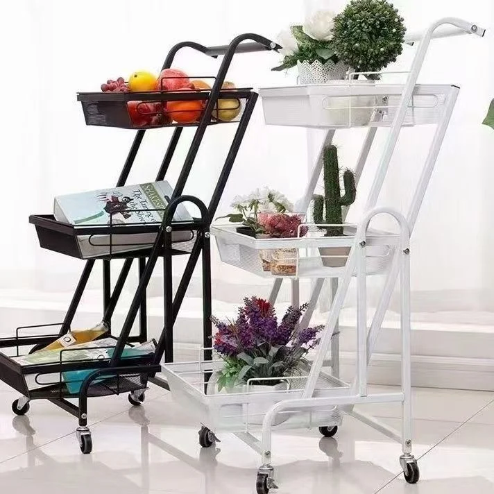 Modern Minimalist Carbon Steel Open Square Rolling Storage Shelf 3-Tier For Living Room