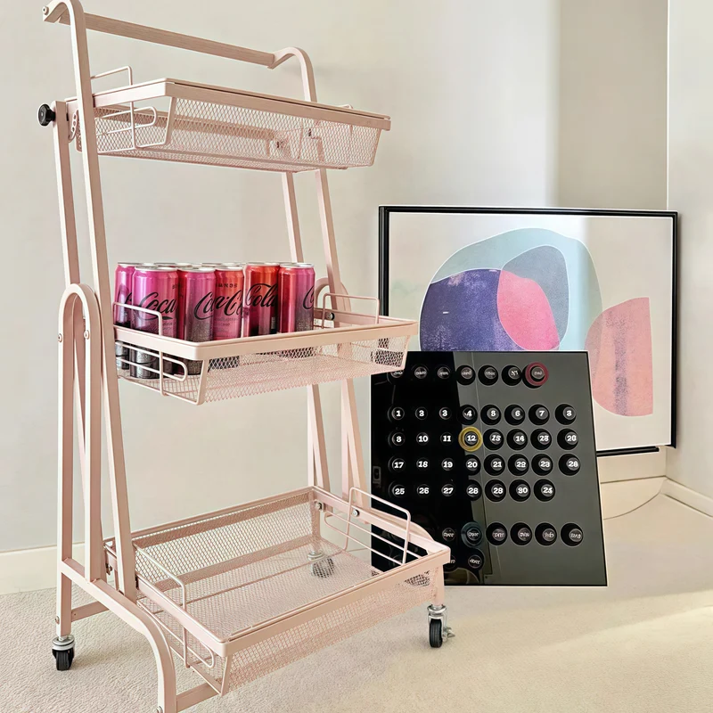 Modern Minimalist Carbon Steel Open Square Rolling Storage Shelf 3-Tier For Living Room