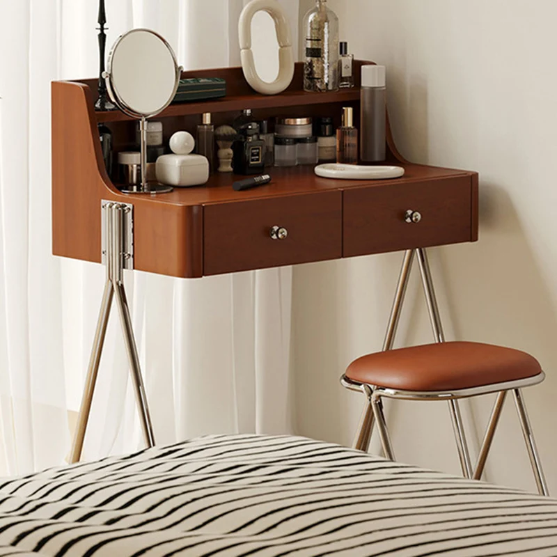 Traditional Vintage Trapezoidal Rubberwood Solid Wood Plywood Carbon Steel Makeup Vanity 2-Drawer For Bedroom
