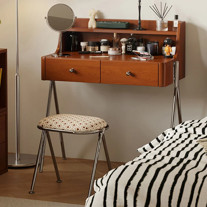 Traditional Vintage Trapezoidal Rubberwood Solid Wood Plywood Carbon Steel Makeup Vanity 2-Drawer For Bedroom