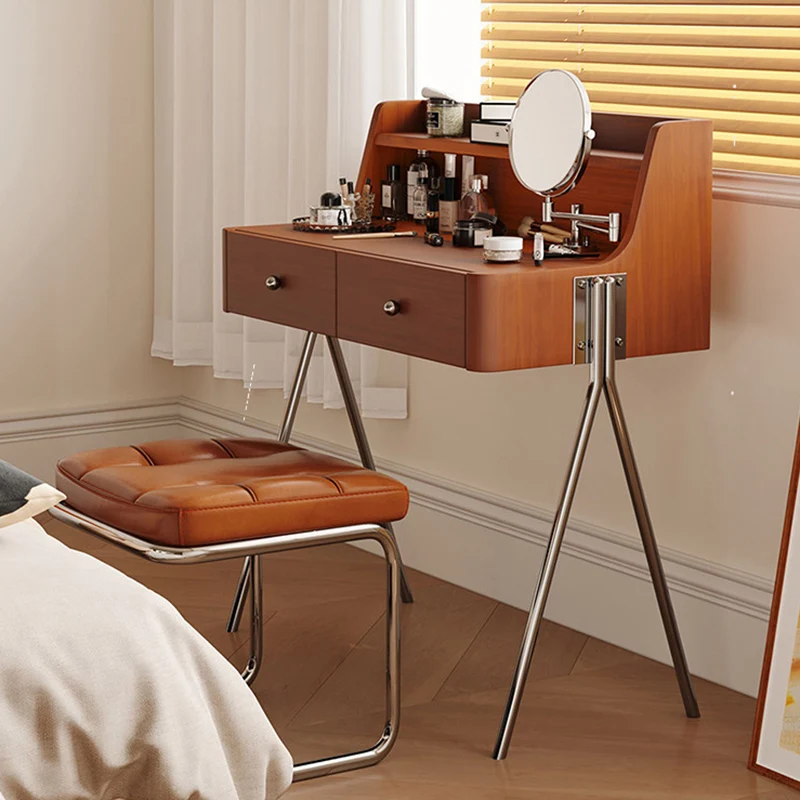 Traditional Vintage Trapezoidal Rubberwood Solid Wood Plywood Carbon Steel Makeup Vanity 2-Drawer For Bedroom
