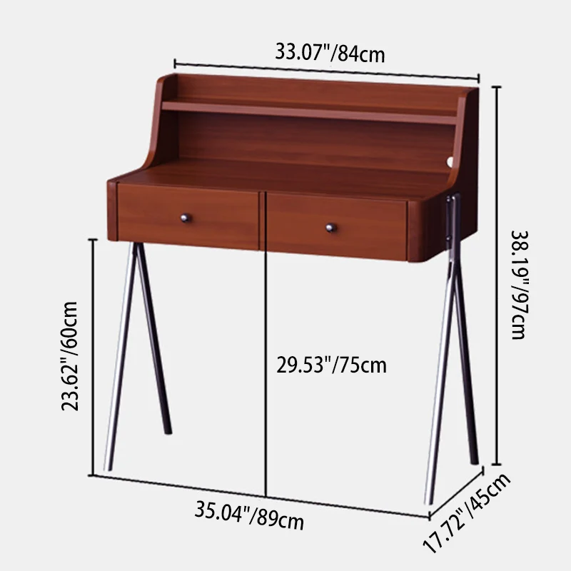 Traditional Vintage Trapezoidal Rubberwood Solid Wood Plywood Carbon Steel Makeup Vanity 2-Drawer For Bedroom