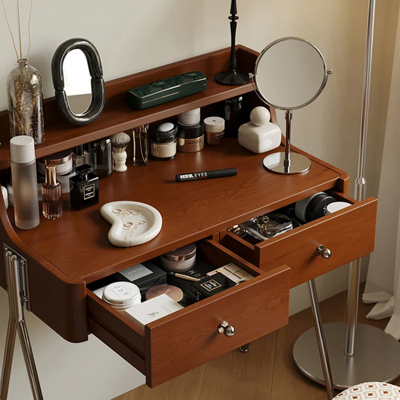 Traditional Vintage Trapezoidal Rubberwood Solid Wood Plywood Carbon Steel Makeup Vanity 2-Drawer For Bedroom