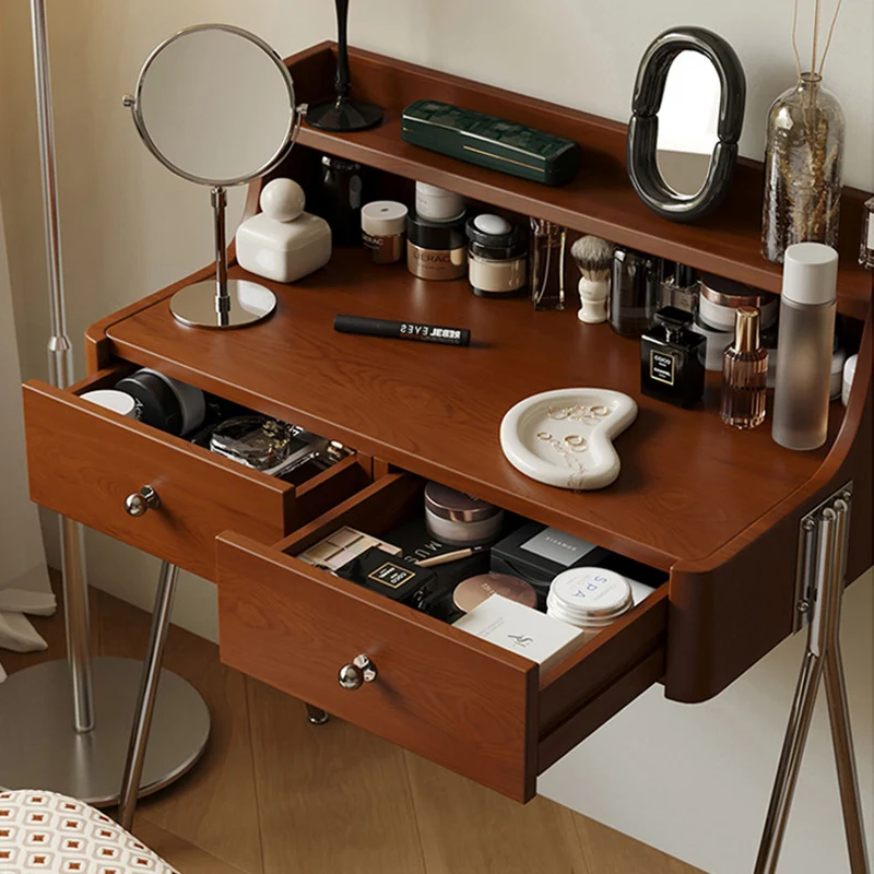 Traditional Vintage Trapezoidal Rubberwood Solid Wood Plywood Carbon Steel Makeup Vanity 2-Drawer For Bedroom