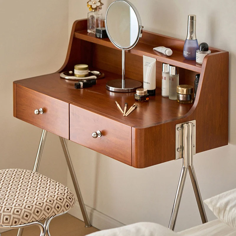 Traditional Vintage Trapezoidal Rubberwood Solid Wood Plywood Carbon Steel Makeup Vanity 2-Drawer For Bedroom