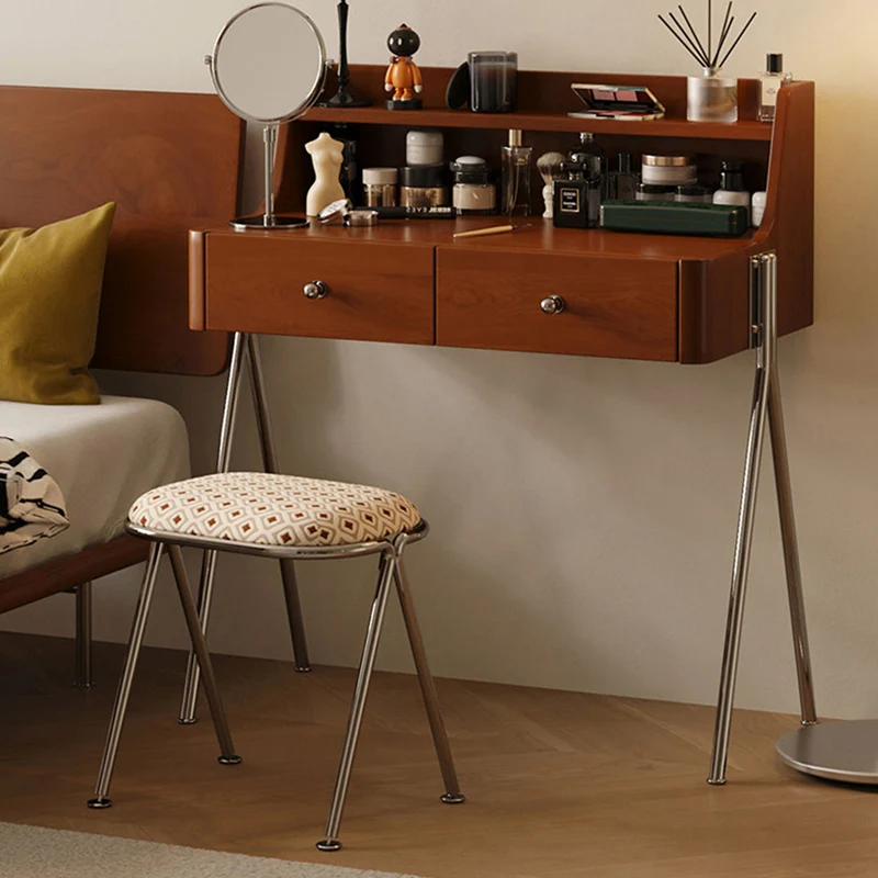 Traditional Vintage Trapezoidal Rubberwood Solid Wood Plywood Carbon Steel Makeup Vanity 2-Drawer For Bedroom