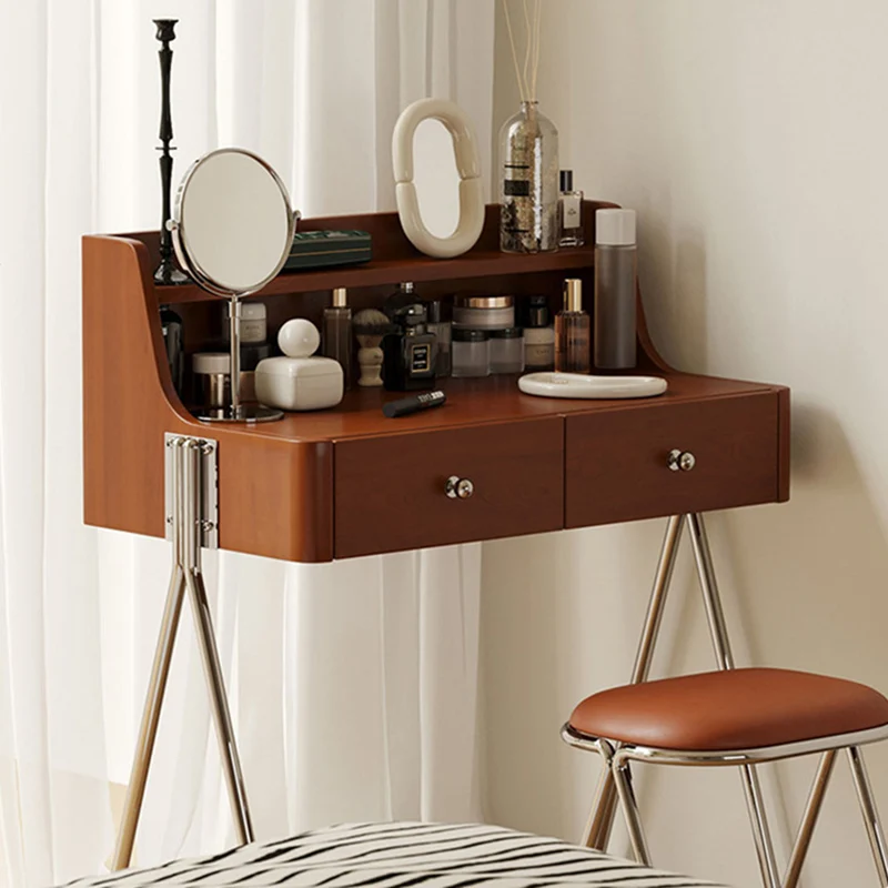 Traditional Vintage Trapezoidal Rubberwood Solid Wood Plywood Carbon Steel Makeup Vanity 2-Drawer For Bedroom