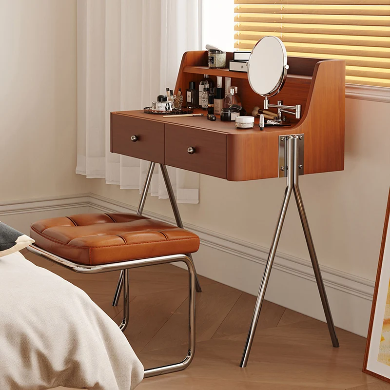 Traditional Vintage Trapezoidal Rubberwood Solid Wood Plywood Carbon Steel Makeup Vanity 2-Drawer For Bedroom