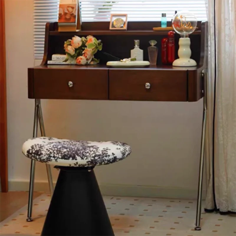 Traditional Vintage Trapezoidal Rubberwood Solid Wood Plywood Carbon Steel Makeup Vanity 2-Drawer For Bedroom