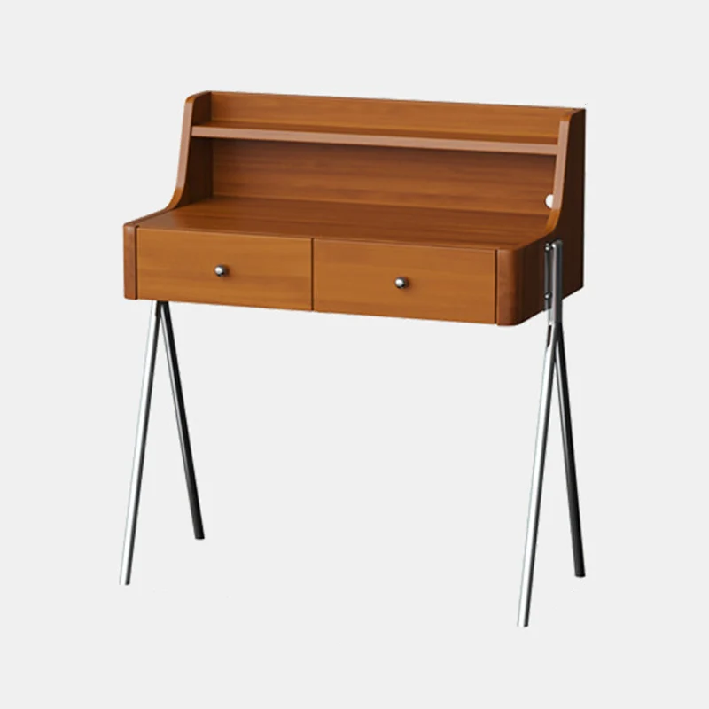 Traditional Vintage Trapezoidal Rubberwood Solid Wood Plywood Carbon Steel Makeup Vanity 2-Drawer For Bedroom