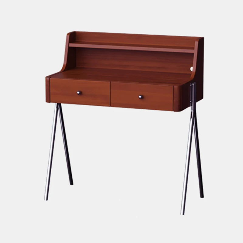 Traditional Vintage Trapezoidal Rubberwood Solid Wood Plywood Carbon Steel Makeup Vanity 2-Drawer For Bedroom