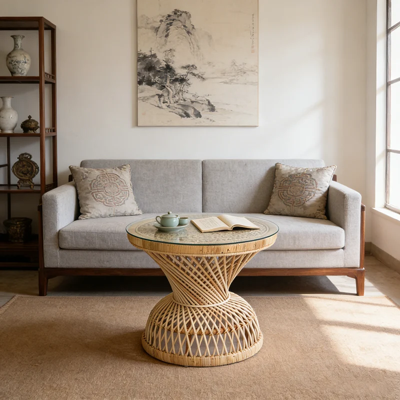 Traditional Chinese Handwoven Indonesian Rattan Side Table - Hourglass Round End Table For Living Room
