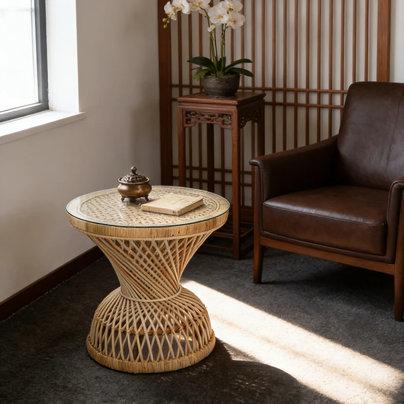 Traditional Chinese Handwoven Indonesian Rattan Side Table - Hourglass Round End Table For Living Room
