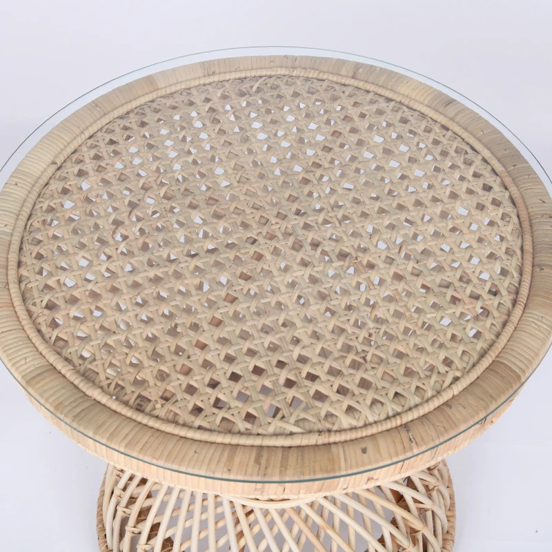 Traditional Chinese Handwoven Indonesian Rattan Side Table - Hourglass Round End Table For Living Room