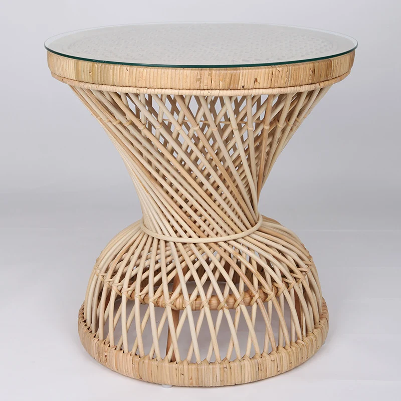 Traditional Chinese Handwoven Indonesian Rattan Side Table - Hourglass Round End Table For Living Room
