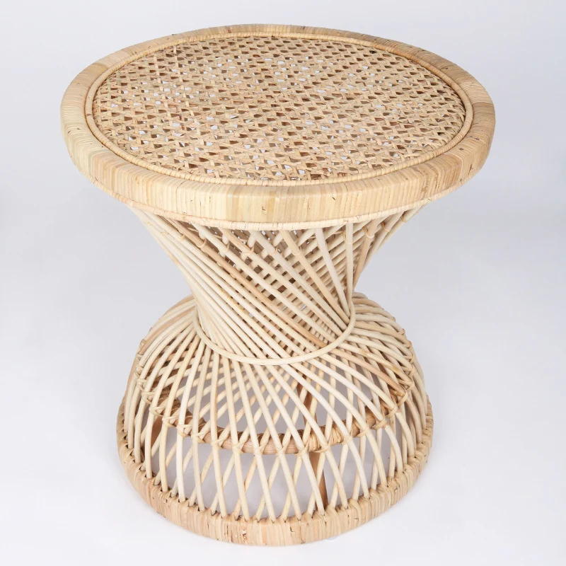 Traditional Chinese Handwoven Indonesian Rattan Side Table - Hourglass Round End Table For Living Room