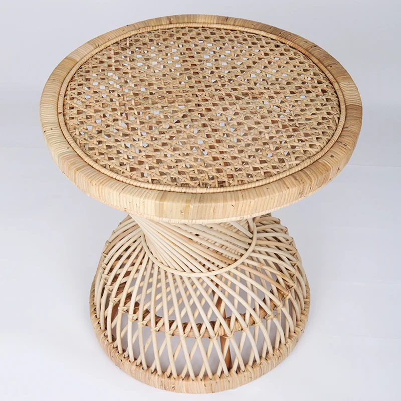 Traditional Chinese Handwoven Indonesian Rattan Side Table - Hourglass Round End Table For Living Room