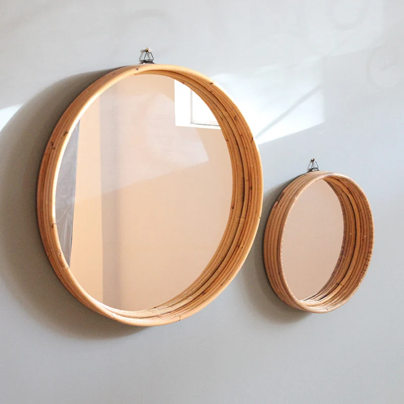 Contemporary Scandinavian Handwoven Indonesian Rattan Round Wall Mirror - Natural Woven Decorative Mirror For Living Room, Bedroom & Entryway