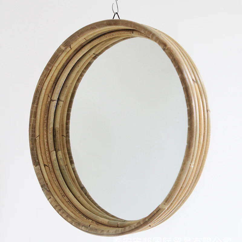 Contemporary Scandinavian Handwoven Indonesian Rattan Round Wall Mirror - Natural Woven Decorative Mirror For Living Room, Bedroom & Entryway