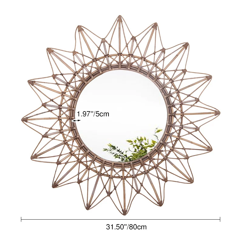 Contemporary Boho Sunburst Handwoven Indonesian Rattan Wall Mirror - Nordic Natural Decorative Round Mirror For Living Room, Bedroom & Entryway