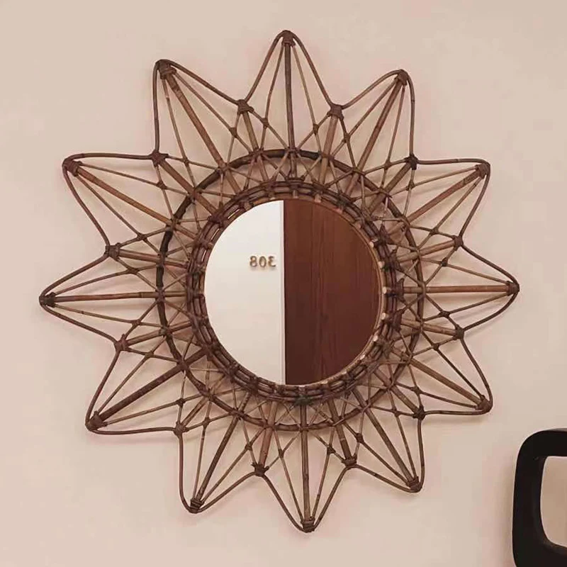 Contemporary Boho Sunburst Handwoven Indonesian Rattan Wall Mirror - Nordic Natural Decorative Round Mirror For Living Room, Bedroom & Entryway
