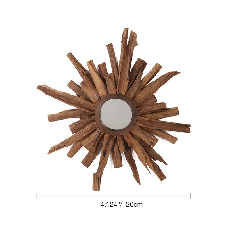 Contemporary Teak Wood Sunburst Wall Mirror - Creative Natural Teak Decorative Mirror For Living Room