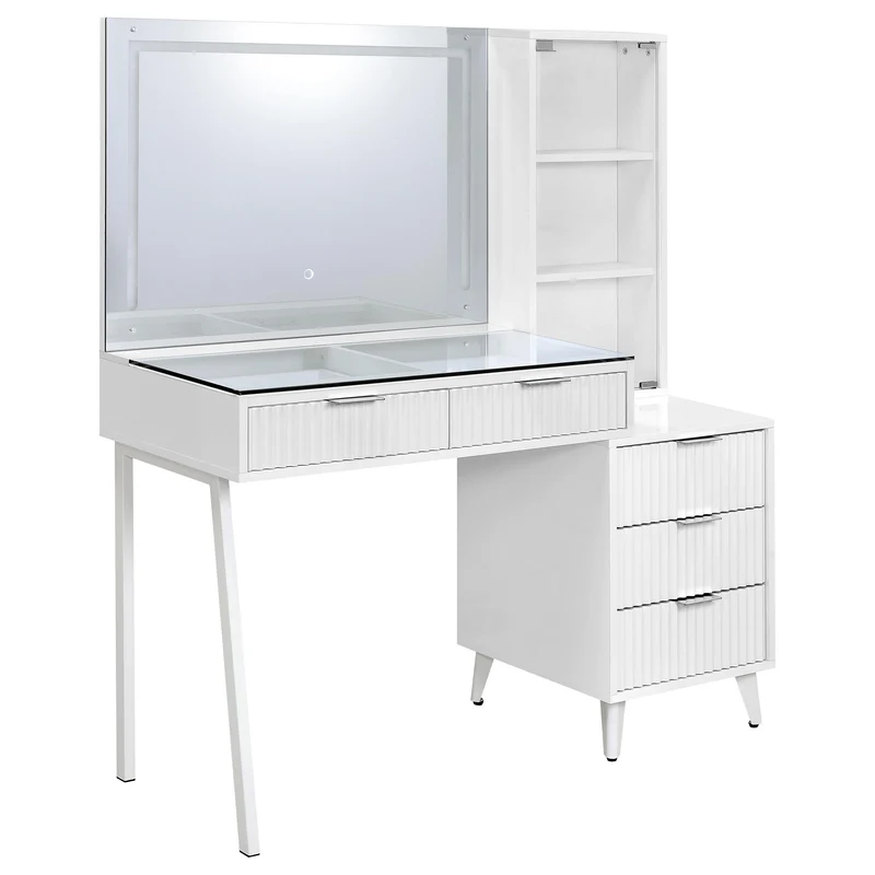Coaster Furniture Souza 930282 5-Drawer Makeup Vanity Table With LED Mirror - White High Gloss