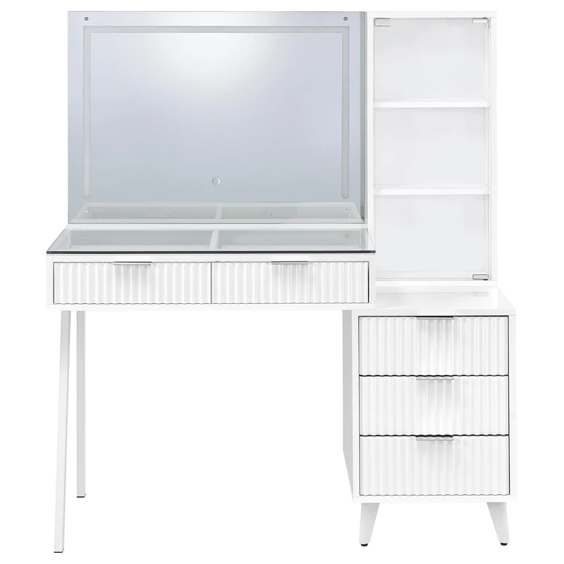 Coaster Furniture Souza 930282 5-Drawer Makeup Vanity Table With LED Mirror - White High Gloss