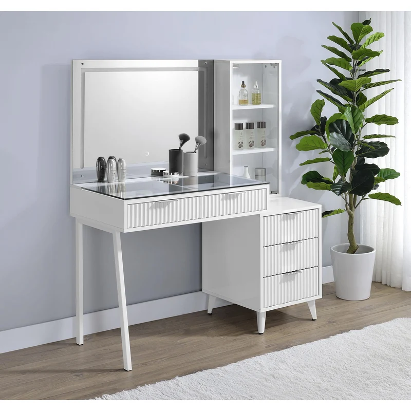 Coaster Furniture Souza 930282 5-Drawer Makeup Vanity Table With LED Mirror - White High Gloss