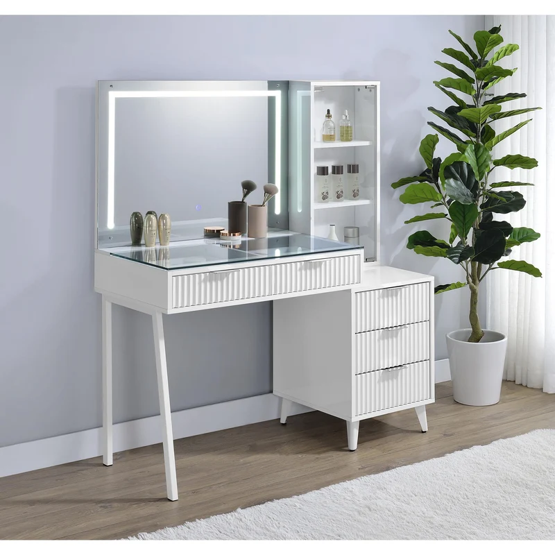 Coaster Furniture Souza 930282 5-Drawer Makeup Vanity Table With LED Mirror - White High Gloss