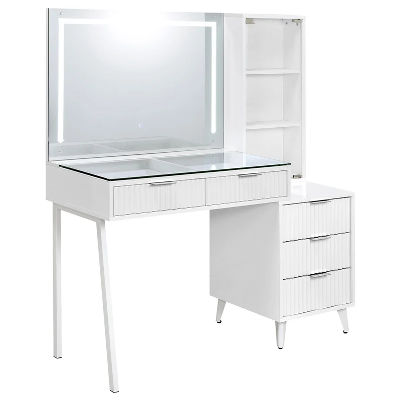 Coaster Furniture Souza 930282 5-Drawer Makeup Vanity Table With LED Mirror - White High Gloss