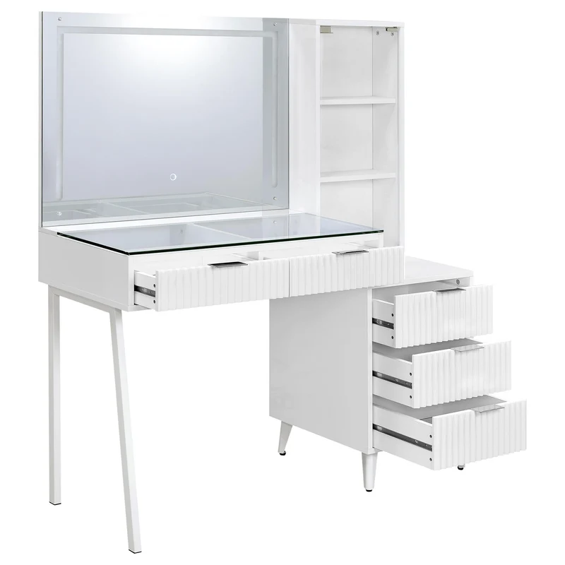 Coaster Furniture Souza 930282 5-Drawer Makeup Vanity Table With LED Mirror - White High Gloss