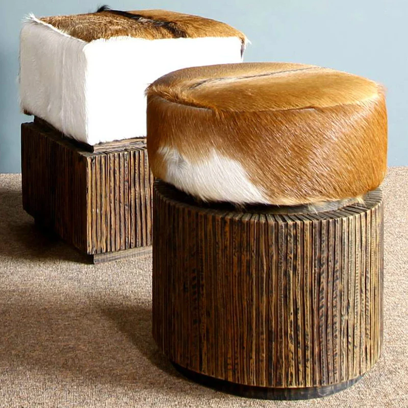 Traditional Teak Wood & Goatskin Stool - Oriental Handmade Furniture Chair For Living Room