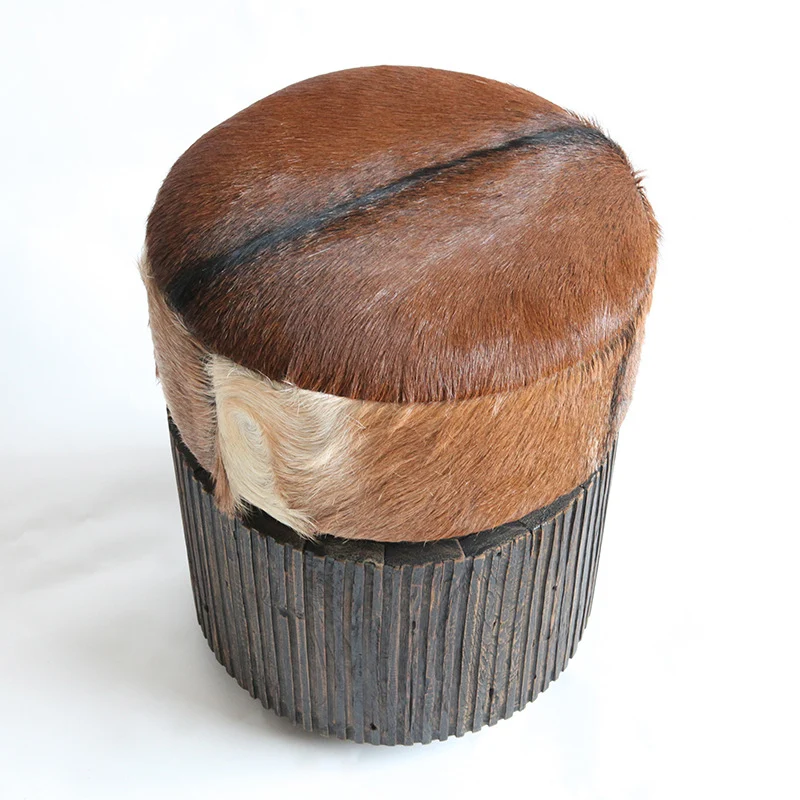 Traditional Teak Wood & Goatskin Stool - Oriental Handmade Furniture Chair For Living Room