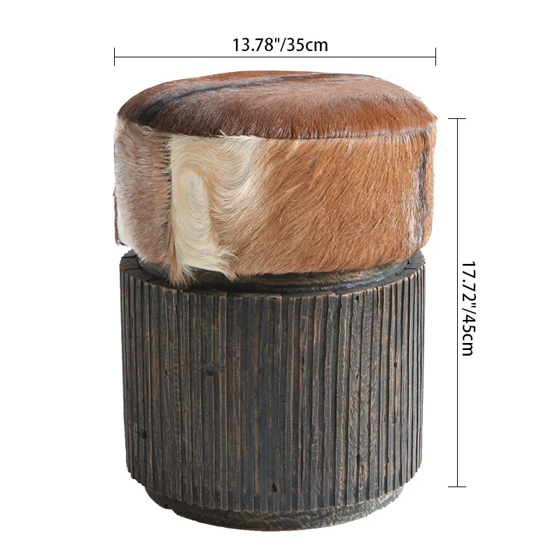 Traditional Teak Wood & Goatskin Stool - Oriental Handmade Furniture Chair For Living Room