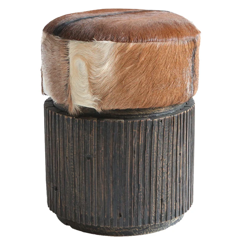 Traditional Teak Wood & Goatskin Stool - Oriental Handmade Furniture Chair For Living Room