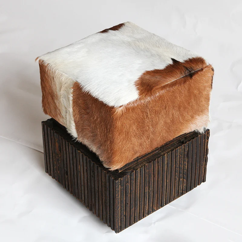 Traditional Chinese Teak Wood & Goatskin Shoe Stool - Square Handcrafted Chair For Living Room