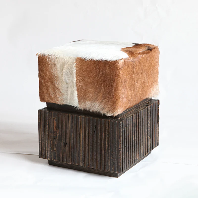Traditional Chinese Teak Wood & Goatskin Shoe Stool - Square Handcrafted Chair For Living Room
