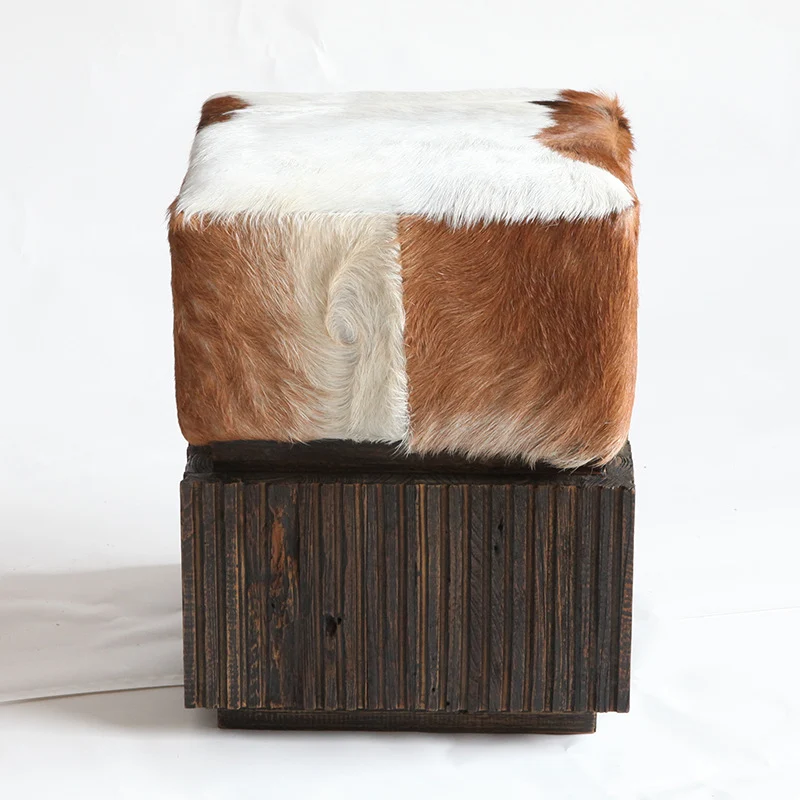 Traditional Chinese Teak Wood & Goatskin Shoe Stool - Square Handcrafted Chair For Living Room