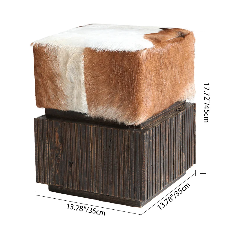 Traditional Chinese Teak Wood & Goatskin Shoe Stool - Square Handcrafted Chair For Living Room