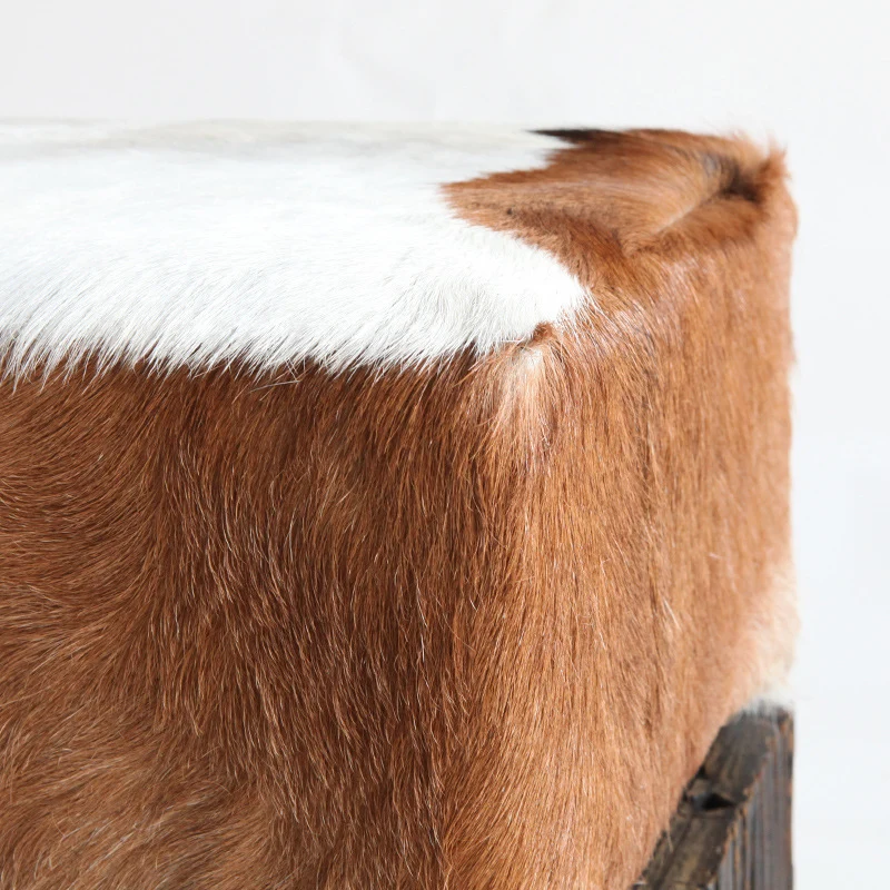Traditional Chinese Teak Wood & Goatskin Shoe Stool - Square Handcrafted Chair For Living Room